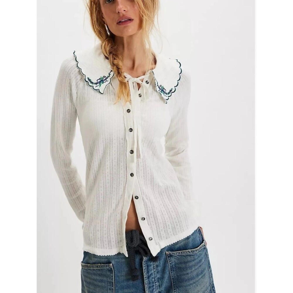 NWT Free People Juniper Long Sleeve Cardi Collar Cottagecore Coquette sz Medium